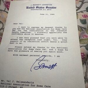 🇺🇸 Senator J. Bennett Johnston — 1989 Signed Autograph Letter | Louisiana